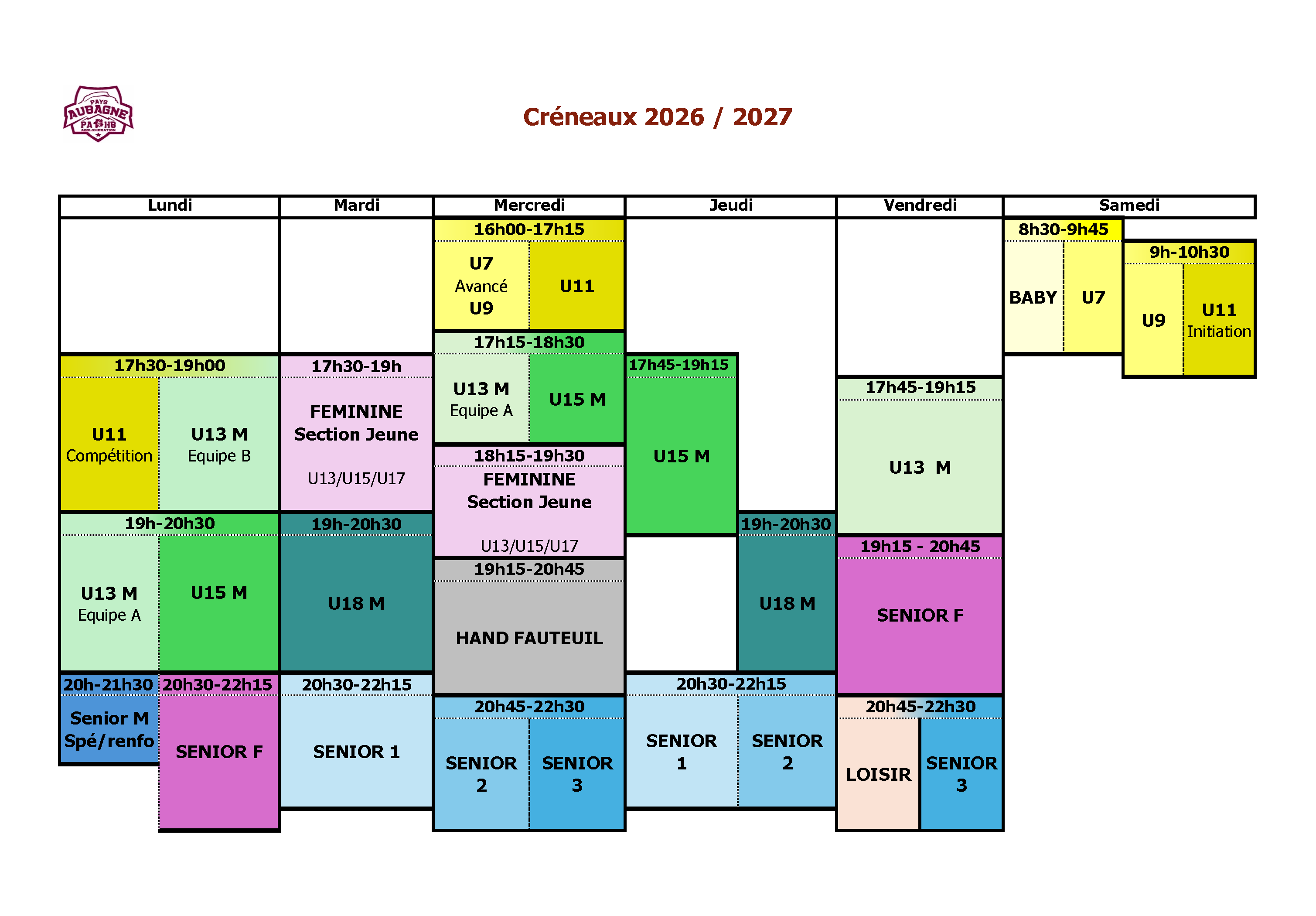 Créneaux d'entraînement 2026/2027 du PAHBA, du lundi au samedi. Lundi : U11 Compétition et U13 M Équipe B 17h30-19h, U13 M Équipe A et U15 M 19h-20h30, Senior M Spé/renfo 20h-21h30, Senior F 20h30-22h15. Mardi : Féminine Section Jeune (U13/U15/U17) 17h30-19h, U18 M 19h-20h30, Senior 1 20h30-22h15. Mercredi : U7 Avancé/U9 et U11 16h-17h15, U13 M Équipe A et U15 M 17h15-18h30, Féminine Section Jeune 18h15-19h30, Hand Fauteuil 19h15-20h45, Seniors 2 et 3 20h45-22h30. Jeudi : U15 M 17h45-19h15, U18 M 19h-20h30, Seniors 1 et 2 20h30-22h15. Vendredi : U13 M 17h45-19h15, Senior F 19h15-20h45, Loisir et Senior 3 20h45-22h30. Samedi : Baby et U7 8h30-9h45, U9 et U11 Initiation 9h-10h30.